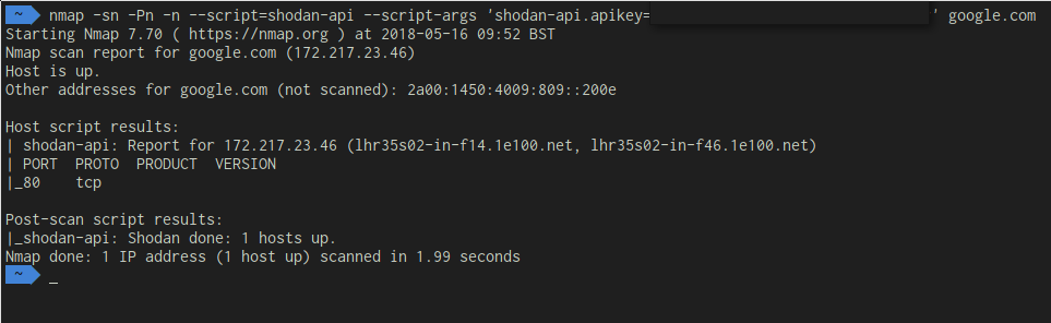 Terminal output of the nmap shodan-api script gathering host information from Shodan