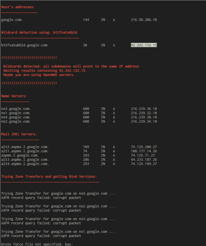 dnsenum output showing a domain zone transfer attempt against the target host
