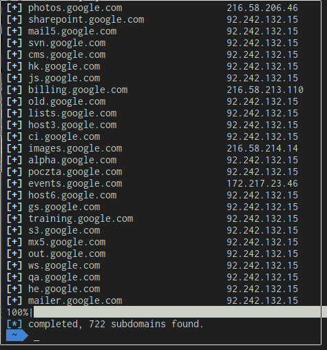 Aiodnsbrute output listing resolved subdomains and IP addresses for google.com