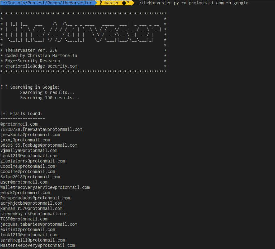 theHarvester output listing scraped email addresses for the target domain