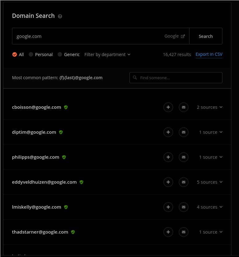 Hunter.io search results showing discovered email addresses and pattern for the domain