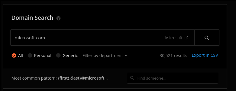 Hunter.io most common email pattern section for a company domain