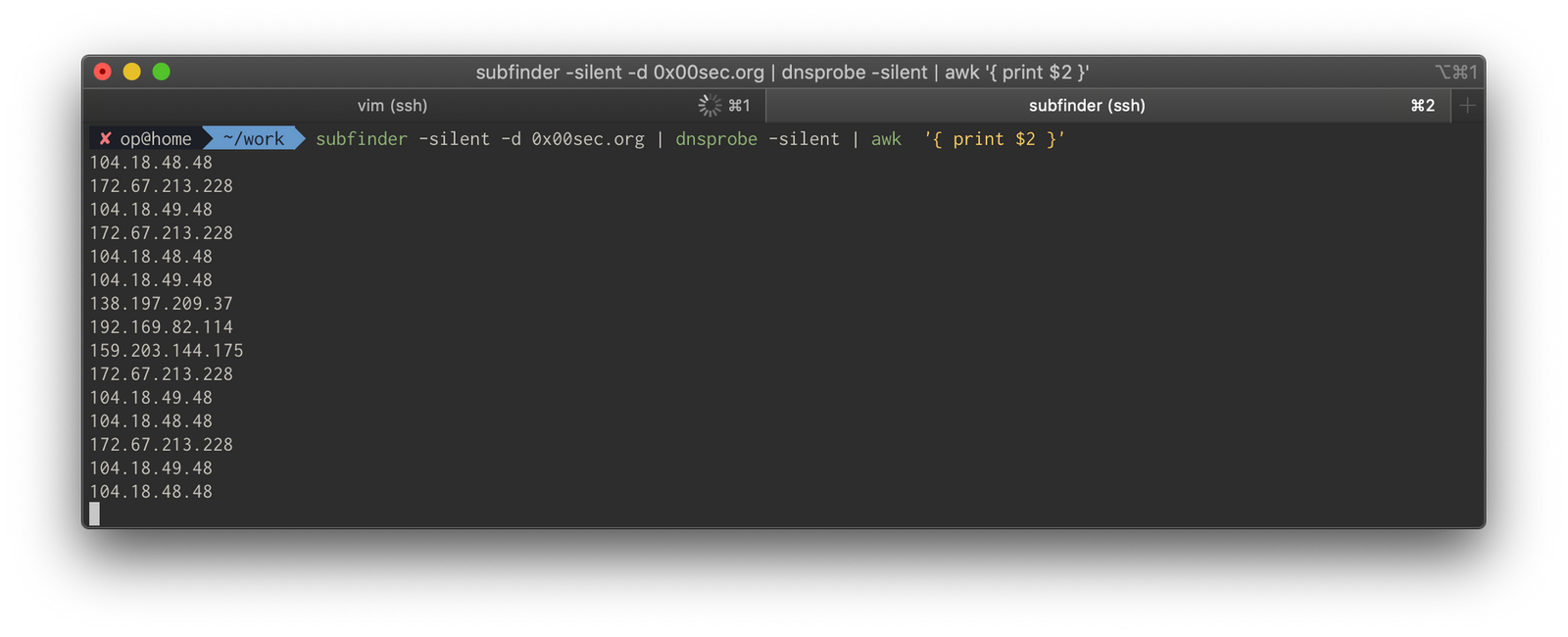 Terminal output of subfinder and dnsprobe subdomain enumeration