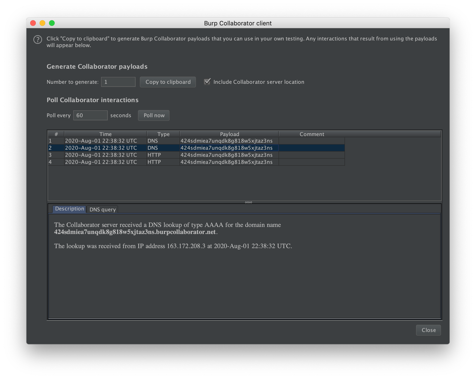 Burp Collaborator interactions captured from a remote URL include callback