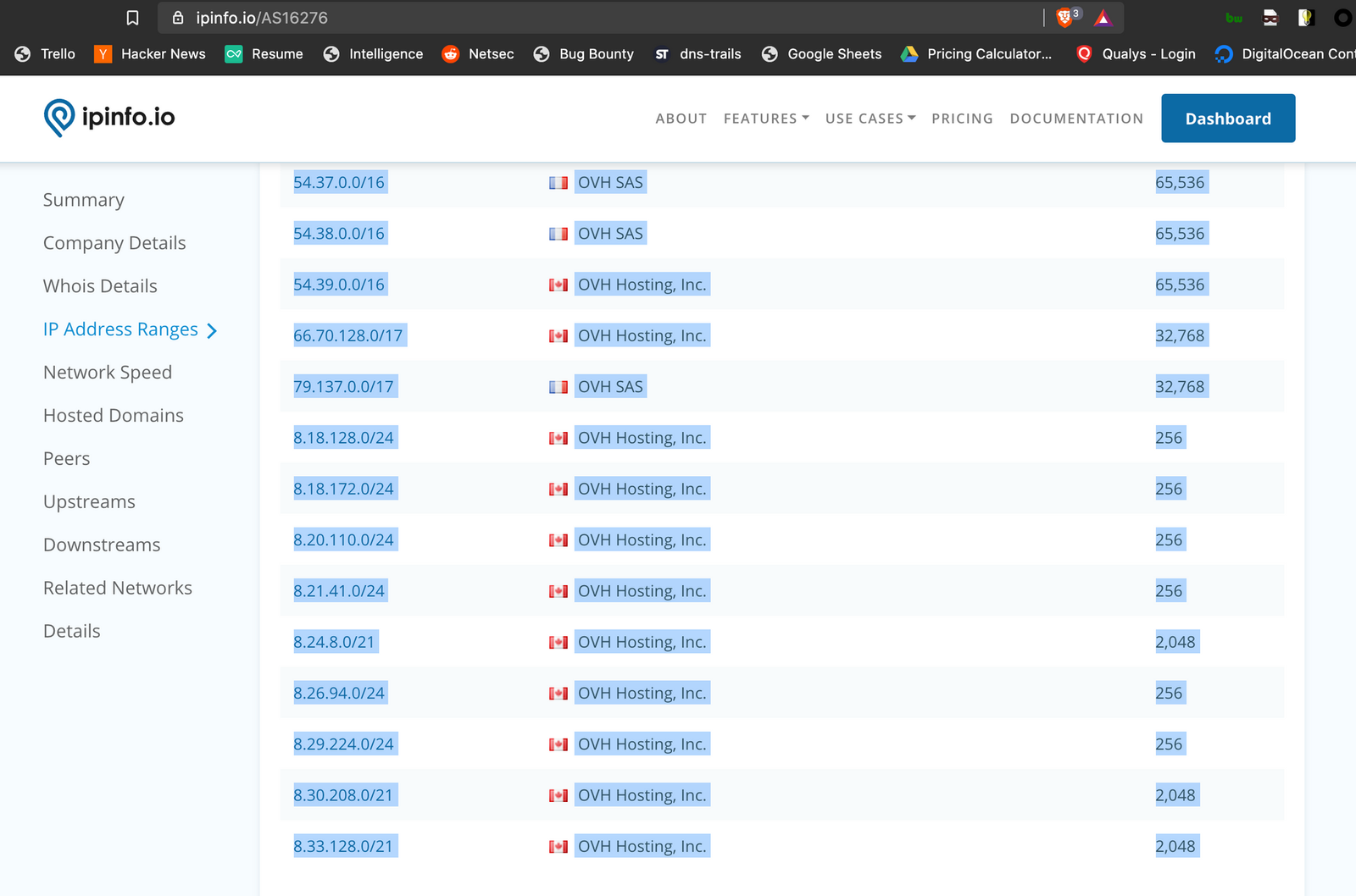 Copying the full ASN netblock list from ipinfo.io into a file