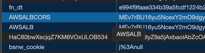 Curl output showing AWSLB and AWSLBCORS cookies revealing a load balancer