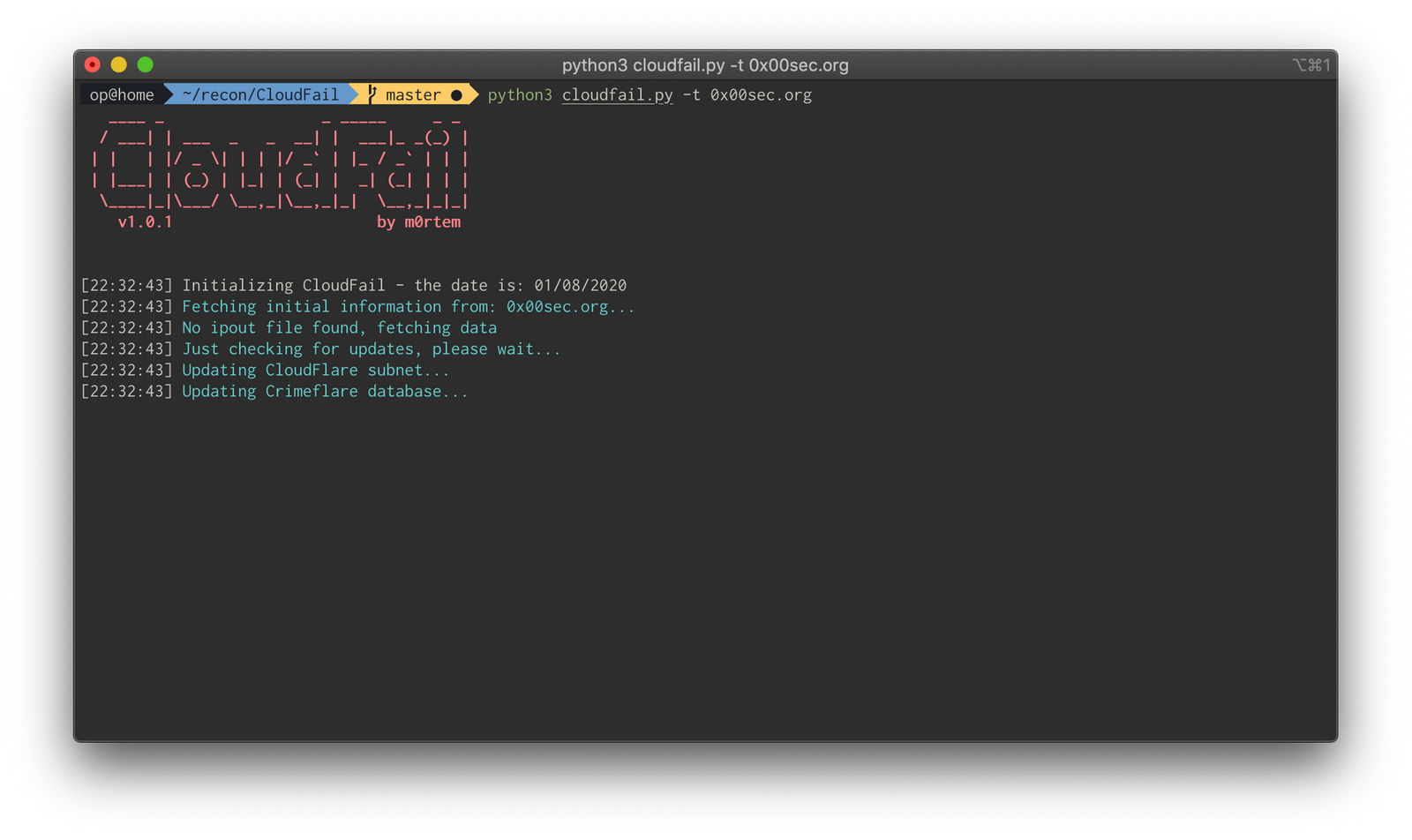 CloudFail terminal output revealing the origin server