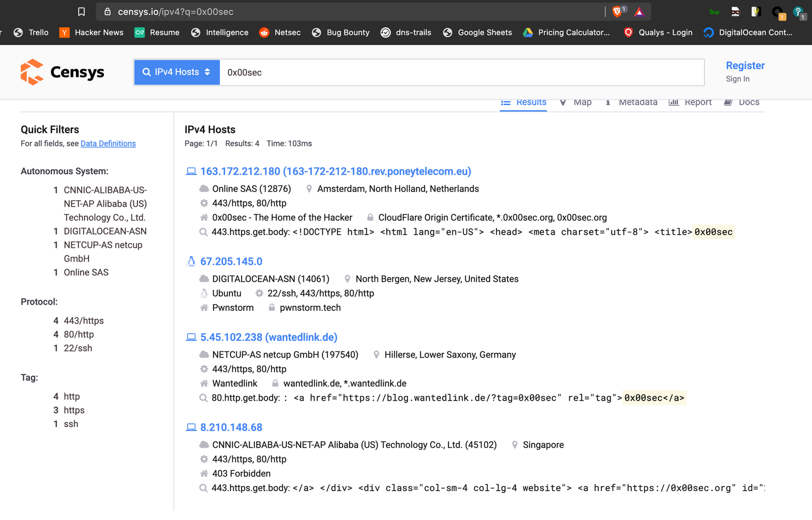 Censys search results showing candidate IP addresses