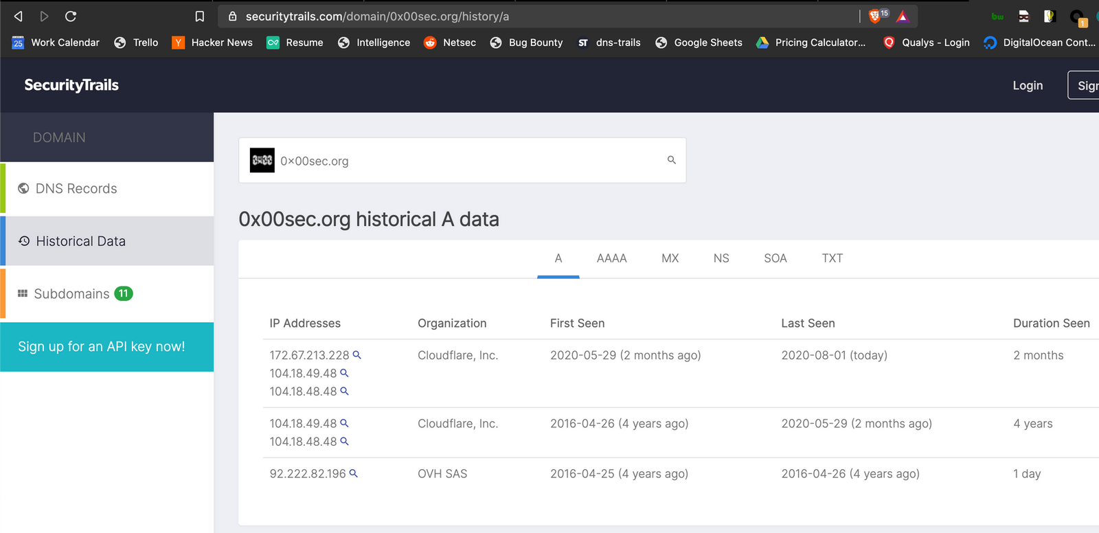 SecurityTrails DNS history showing historical A records