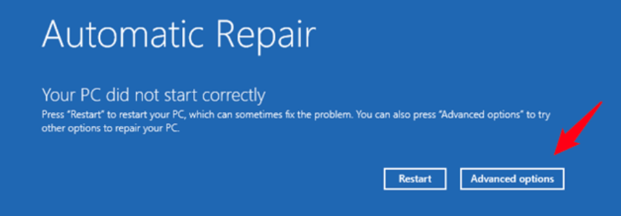 Windows recovery screen with Advanced options selected