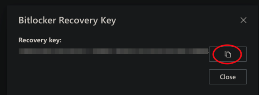 BitLocker recovery key with Copy button highlighted