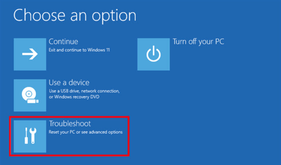 Windows recovery screen with Troubleshoot selected