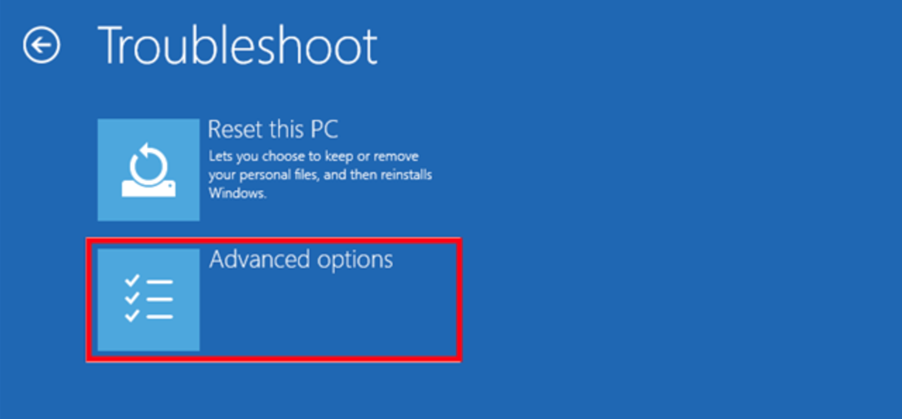 Windows Troubleshoot screen with Advanced options selected