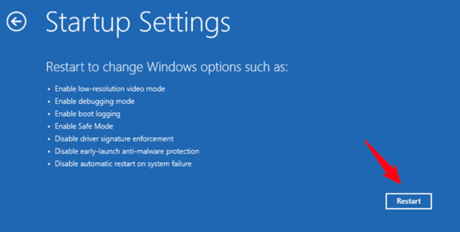 Windows Startup Settings screen with Restart selected