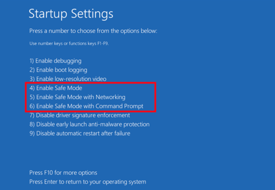 Windows Startup Settings menu with option 6 (Safe Mode with Command Prompt) highlighted
